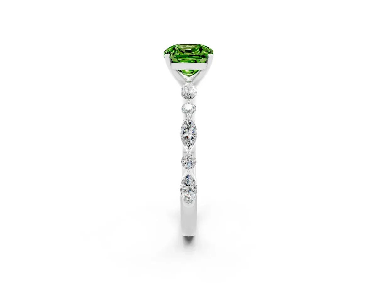 Cushion Cut Peridot Ring with Marquise and Round Side Stones and Four-Prong Setting Silver