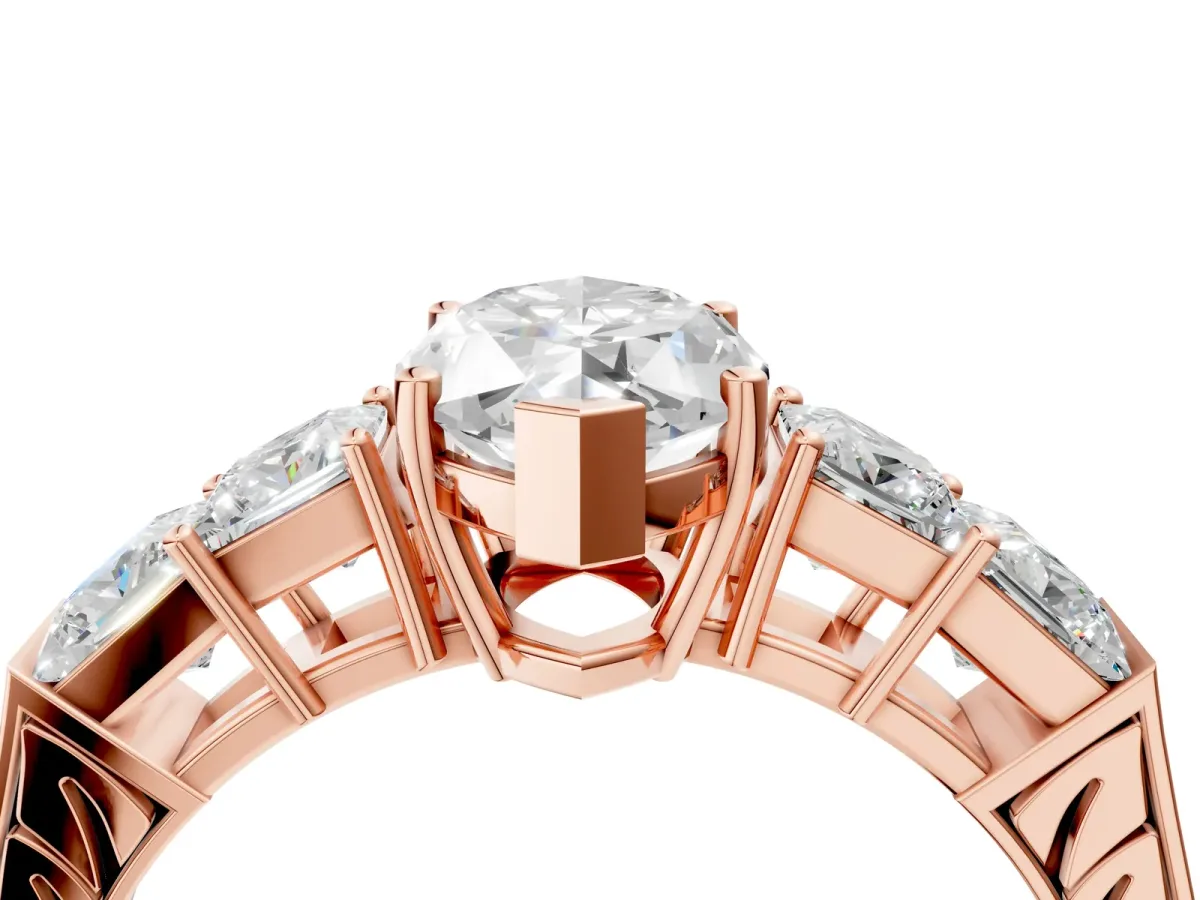 Marquise Cut Solitaire Princess Side Stone Engraved Band Prong Setting Ring Rose gold