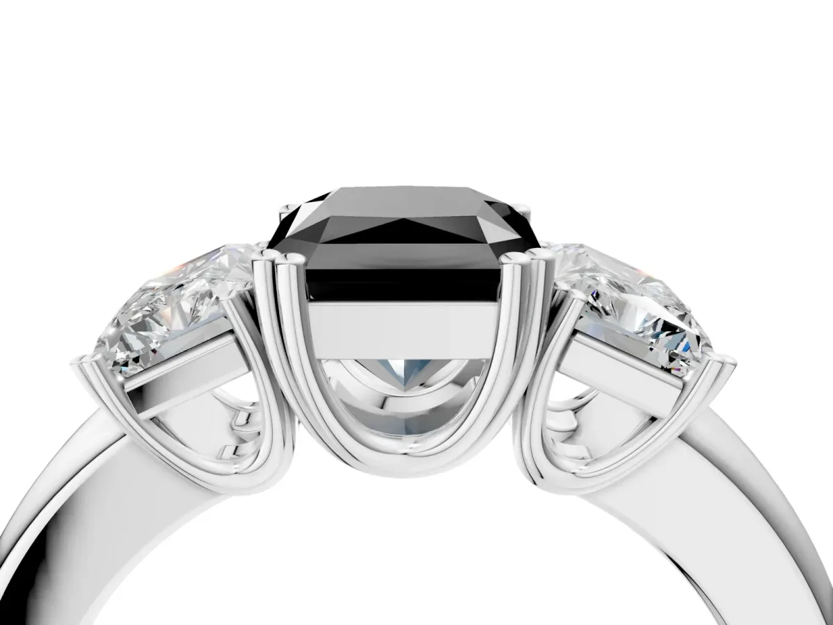 Fancy Black Three-Stone Radiant Cut Cut Diamond Ring with Channel Set Band and Four-Prong Setting Silver