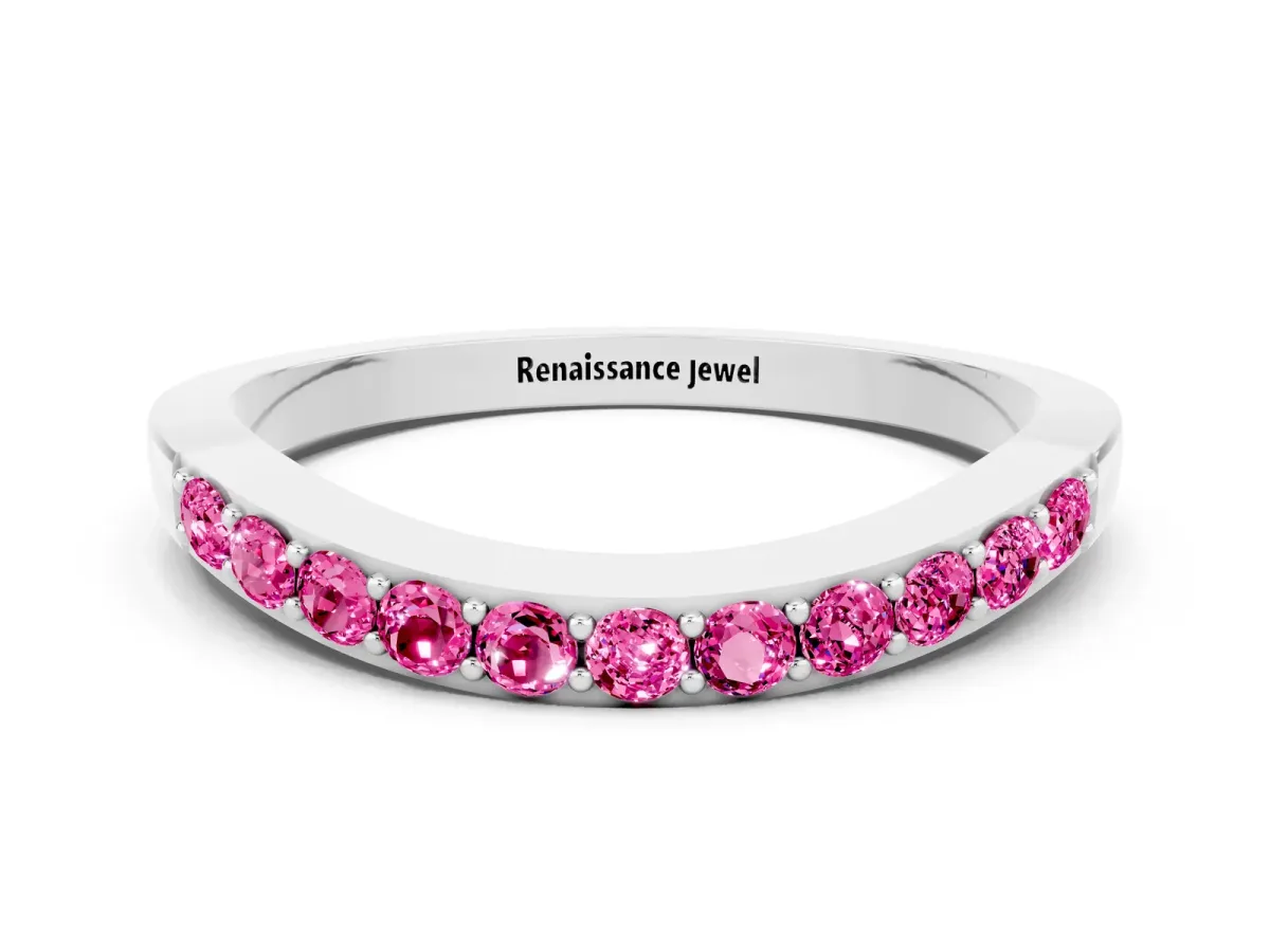 Round Pink Sapphire Curved Wedding Band with Channel Setting Platinum
