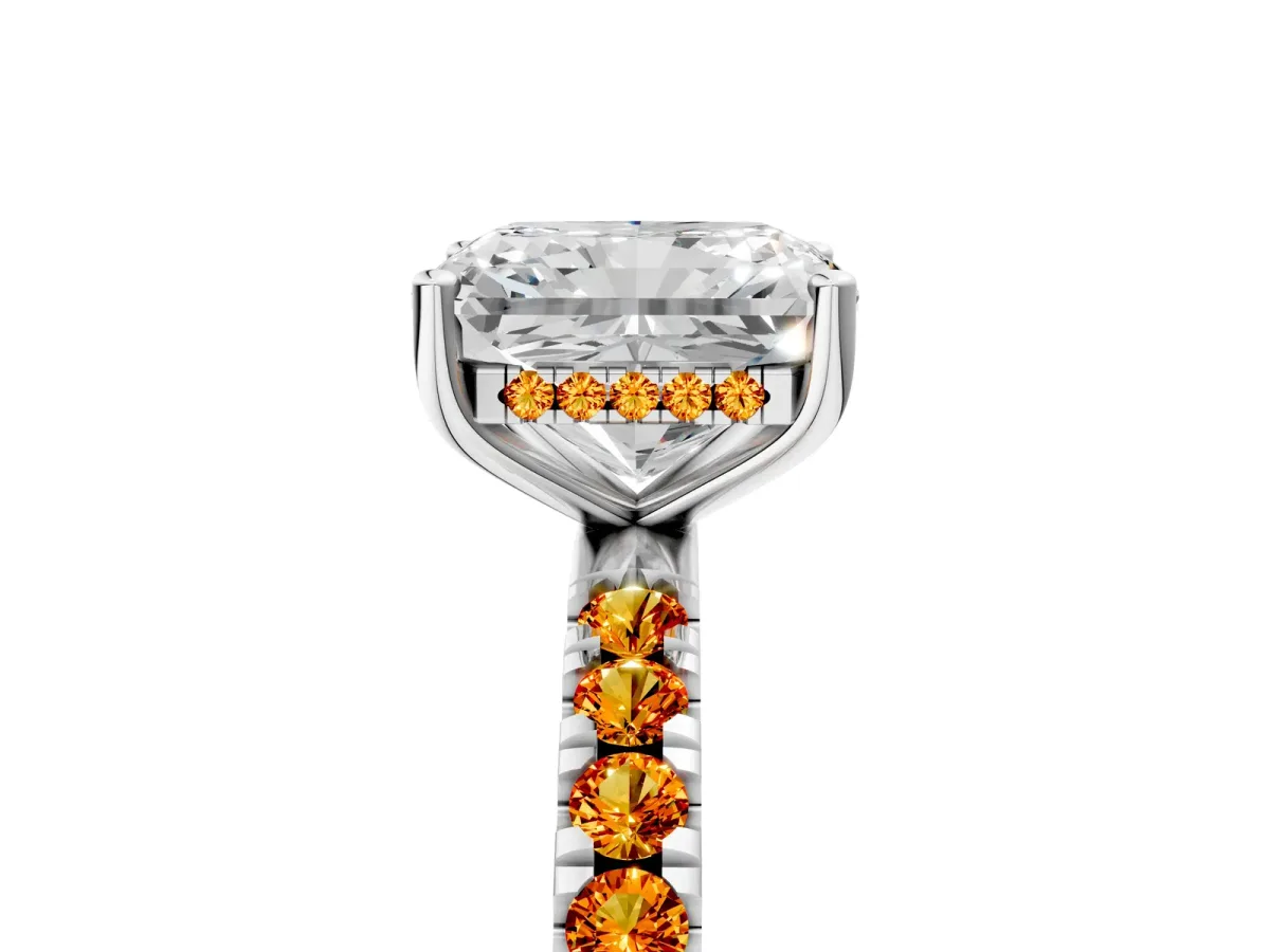 Radiant Cut Diamond Pave Band Solitaire Ring with Round Citrine and Prong Setting Silver