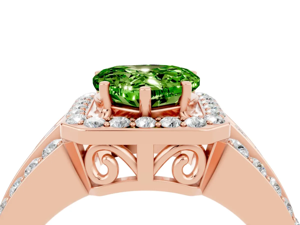 Heart Cut Halo Peridot Ring with Round Split Shank and Prong Setting Rose gold