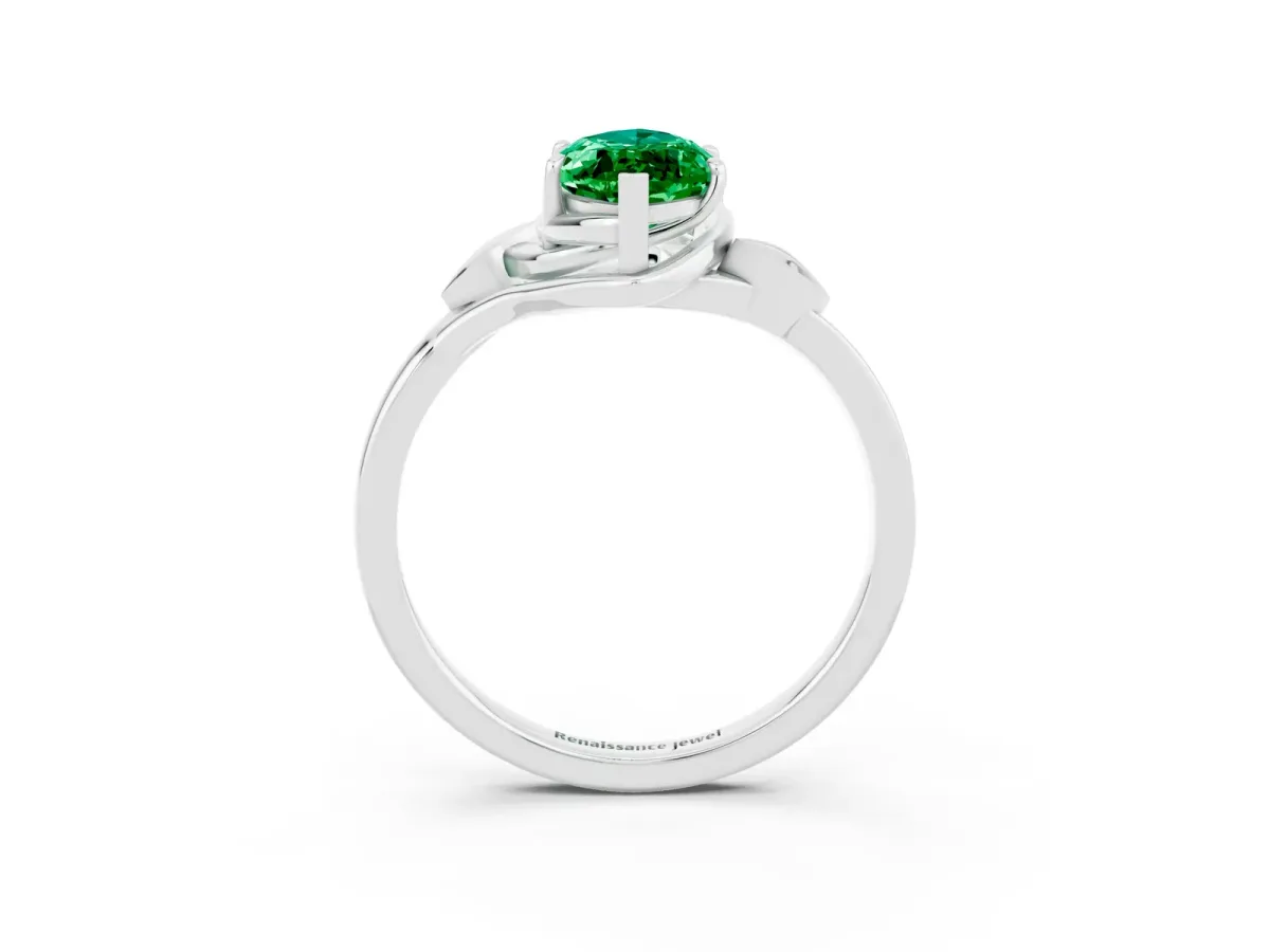 Marquise Cut Emerald Solitaire Ring with Twist Band and Four-Prong Setting Platinum