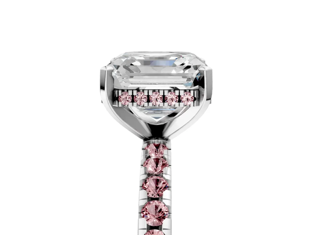 Asscher Cut Diamond Solitaire Ring with Round Morganite Pavé Band and Four-Prong Setting Silver