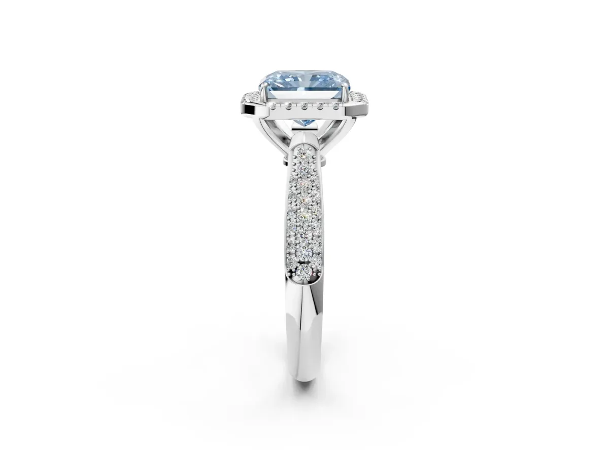Fancy Blue Radiant Cut Halo Diamond Ring with Pavé Band Platinum