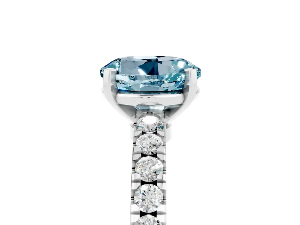 Round Cut Solitaire Aquamarine with Pavé Band and Four-Prong Setting Silver