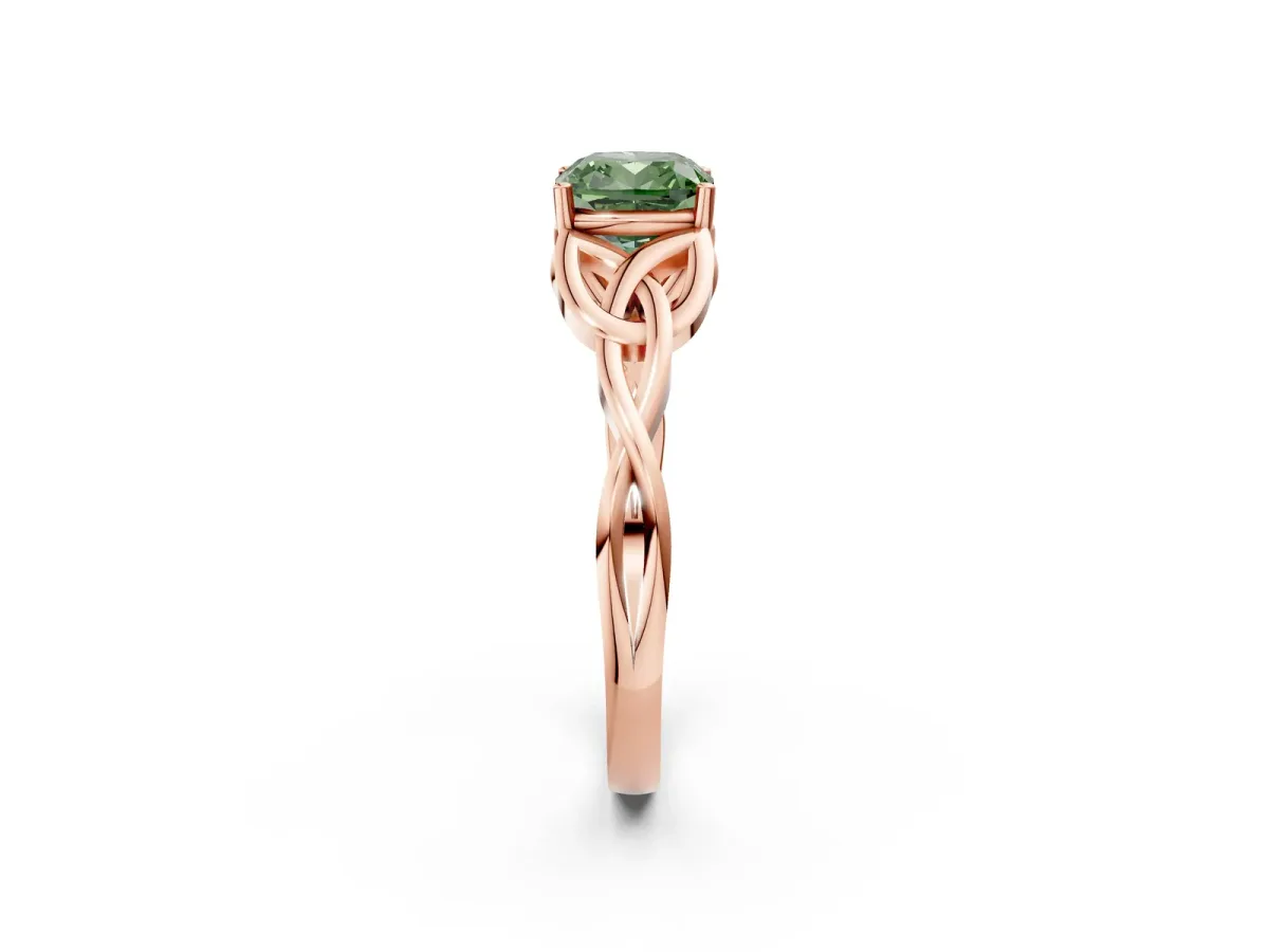 Fancy Green Cushion Cut Diamond Solitaire Celtic Knot Ring with Four-Prong Setting Rose gold