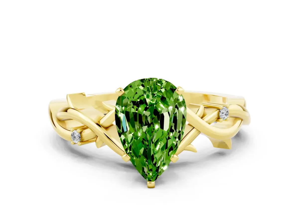 Pear Cut Peridot Solitaire Ring with Twisted Band and Prong Setting Yellow gold