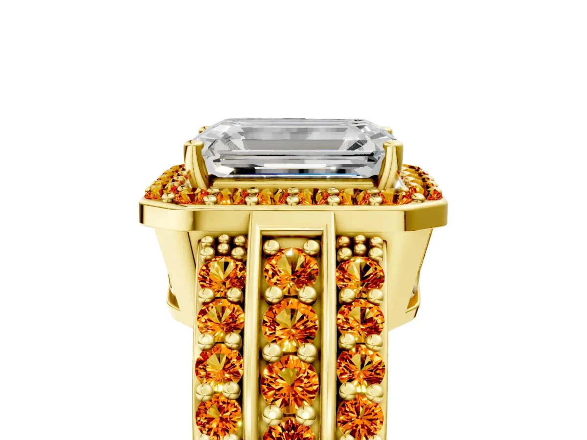 Emerald Cut Halo Diamond Ring with Round Citrine Split Shank and Prong Setting Yellow gold