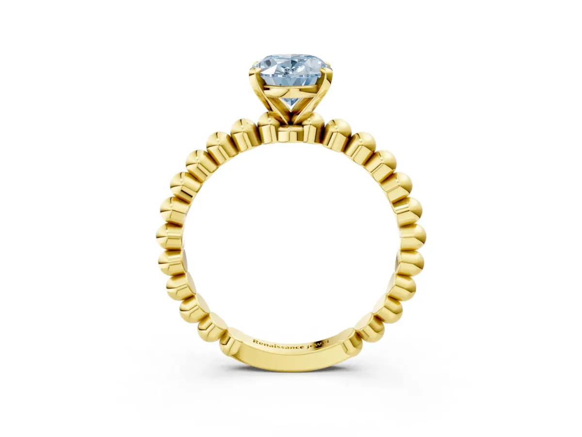 Fancy Blue Oval Cut Diamond Solitaire Ring with Beaded Band and Prong Setting Yellow gold