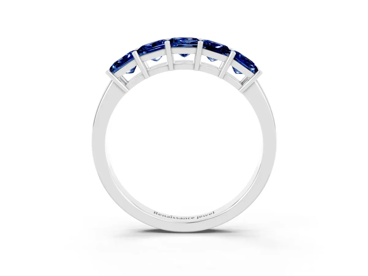 Princess Cut Five-Stone Blue Sapphire Band with Prong Setting White gold
