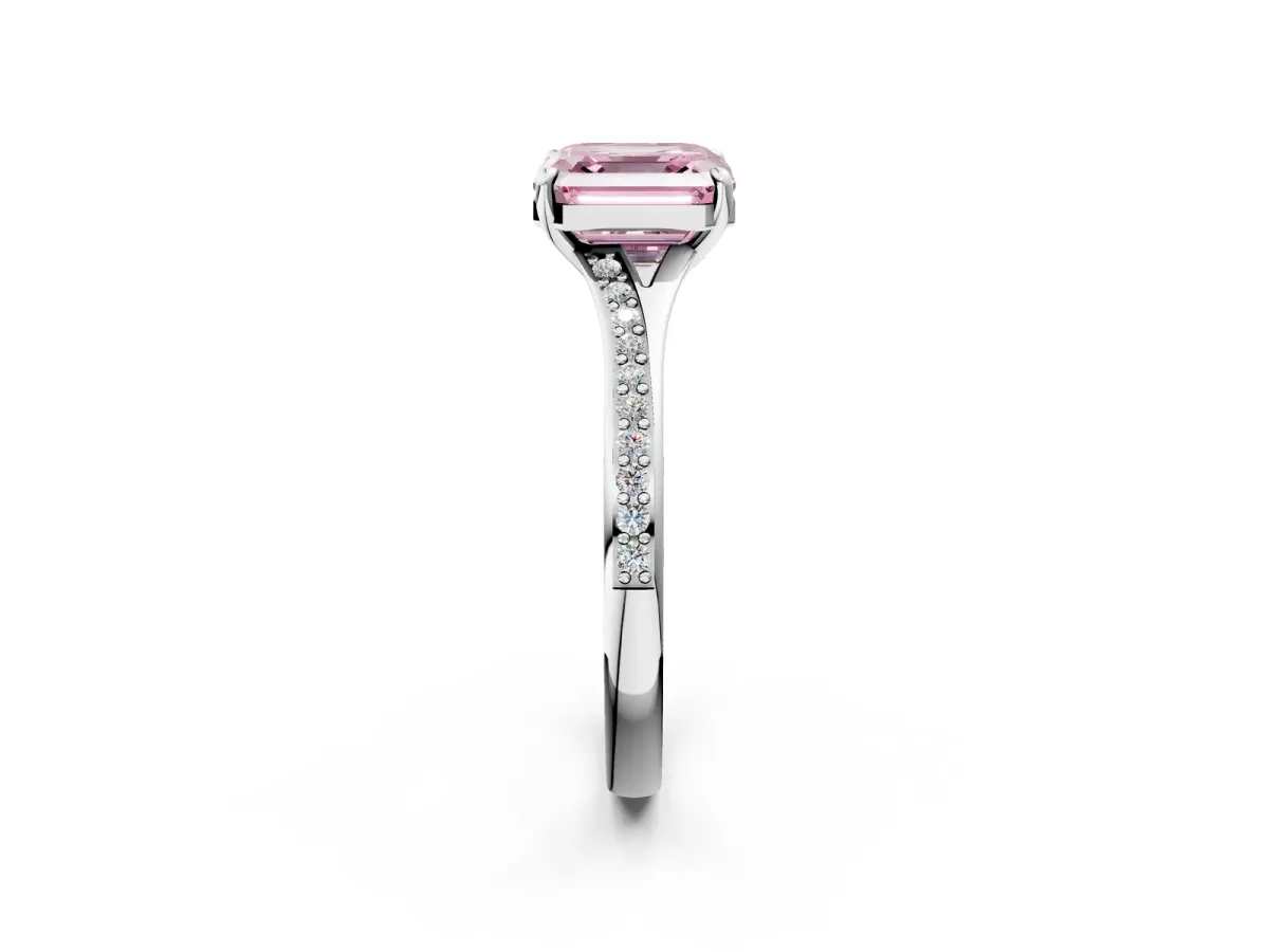 Fancy Pink Asscher Cut Diamond Solitaire Ring with Pavé Band and Prong Setting Platinum