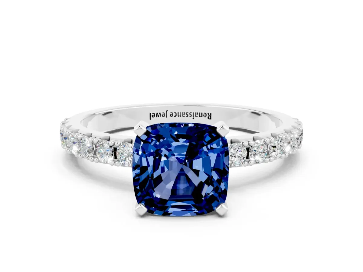 Cushion Cut Blue Sapphire Solitaire Pavé Band with Four-Prong Setting Silver