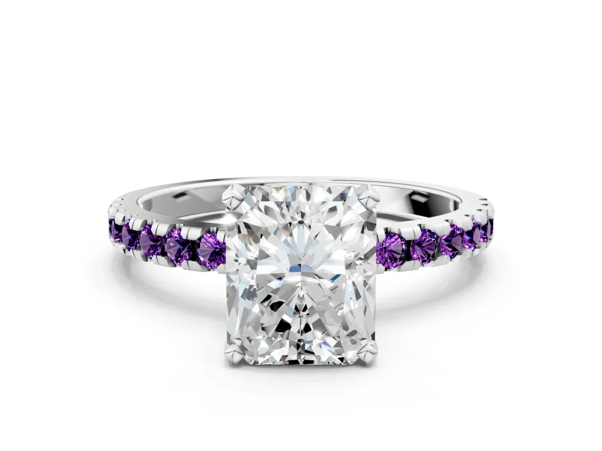 Radiant Cut Diamond Solitaire Ring with Round Amethyst Pavé Band and Four-Prong Setting Silver