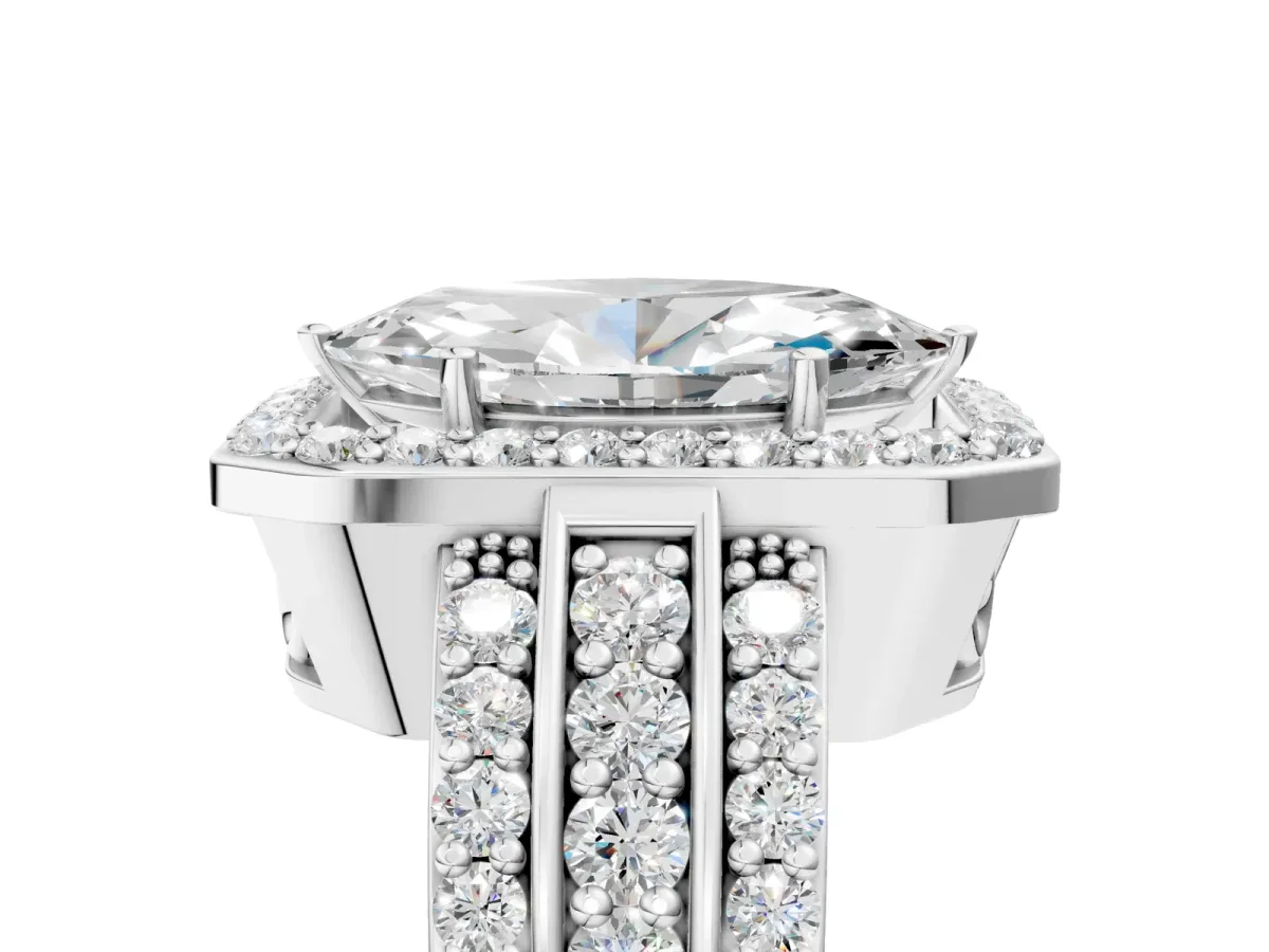 Marquise Cut Halo Diamond Ring with Round Moissanite Split Shank and Prong Setting Silver