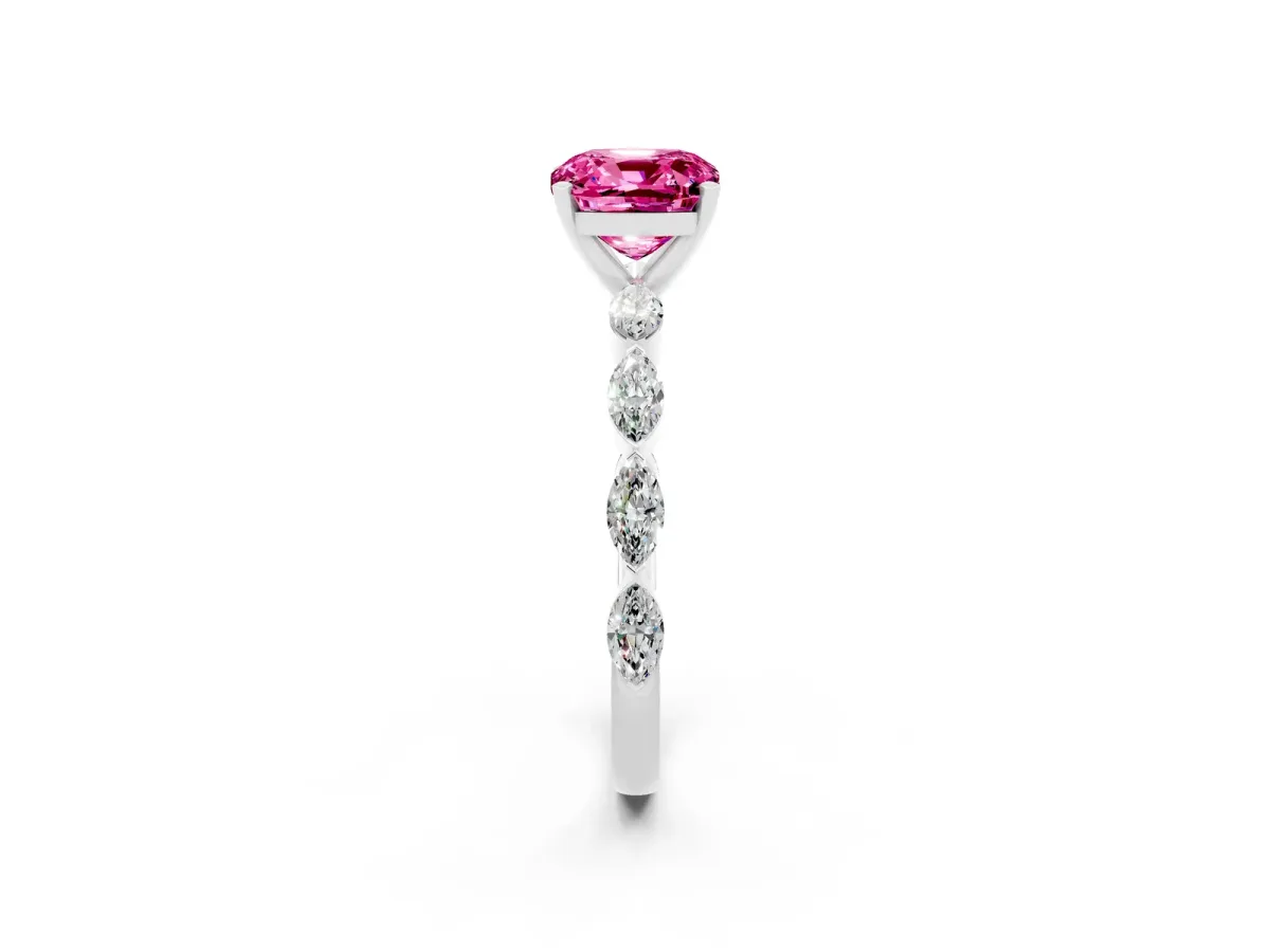 Cushion Cut Pink Sapphire Ring with Marquise Side Stones and Prong Setting Platinum