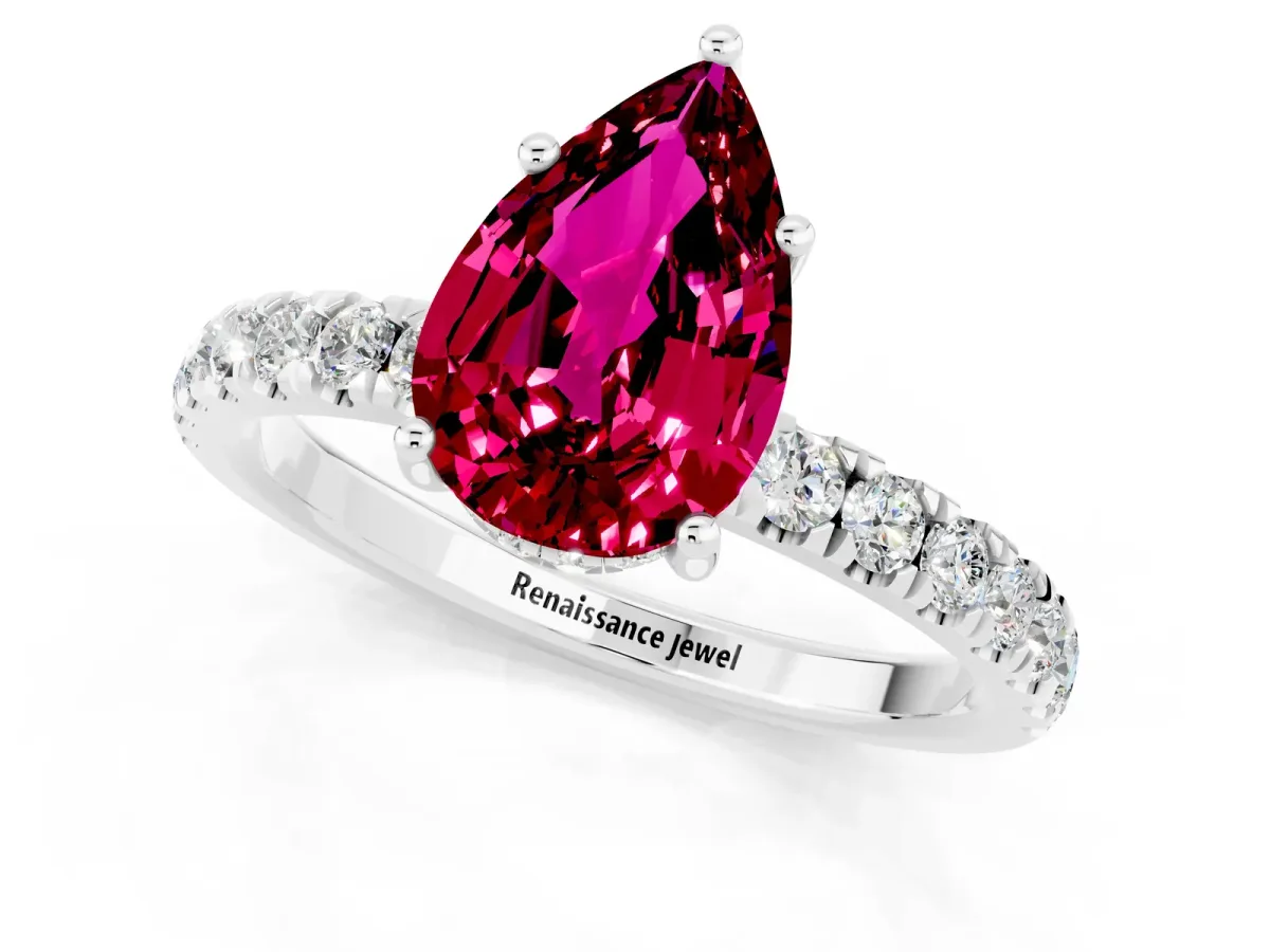 Pear Cut Garnet Pave Band Solitaire Ring with Round and Prong Setting White gold