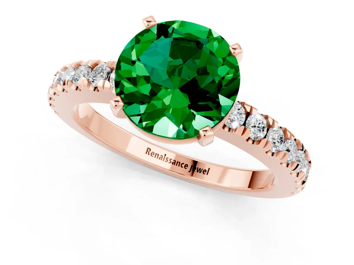 Round Cut Solitaire Emerald with Pavé Band and Four-Prong Setting Rose gold