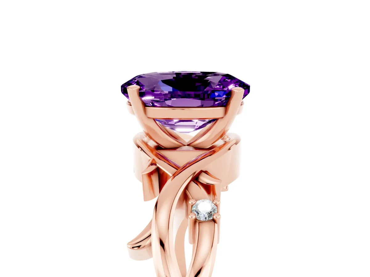 Oval Cut Amethyst Solitaire Ring with Twisted Band and Prong Setting Rose gold