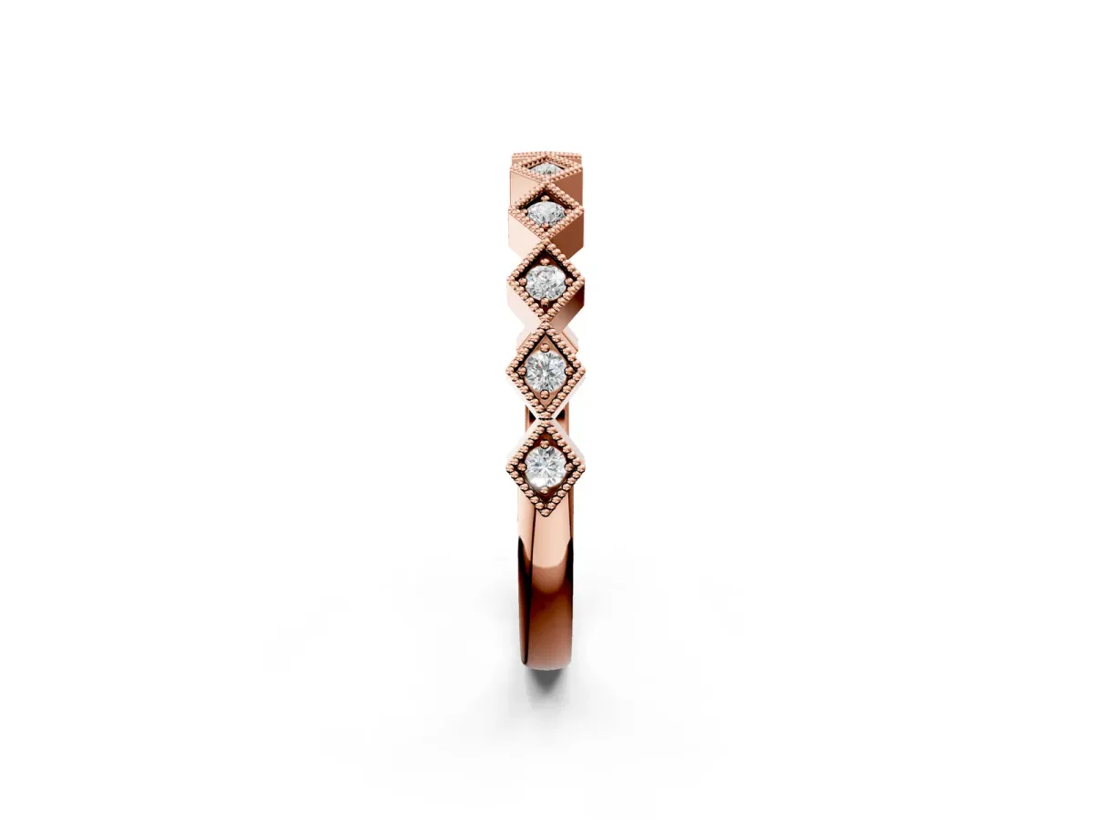 Milgrain Diamond Geometric Stackable Band with Round Cut Stones and Bezel Setting Rose gold