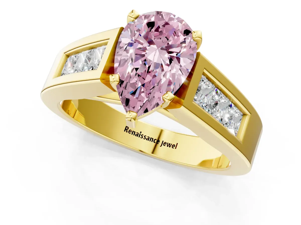 Fancy Pink Pear Cut Cut Channel Set Solitaire Ring with Four-Prong Setting Yellow gold