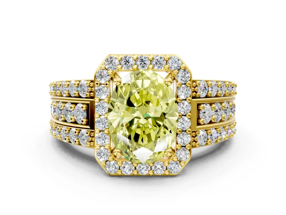 Fancy Yellow Oval Cut Halo Diamond Ring with Round Split Shank and Prong Setting Yellow gold