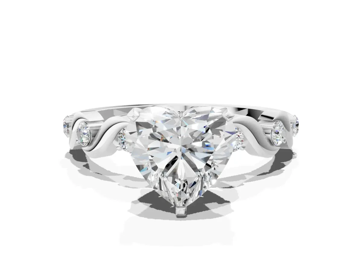 Heart Cut Diamond Solitaire Twisted Band with Round Accents and Prong Setting Silver