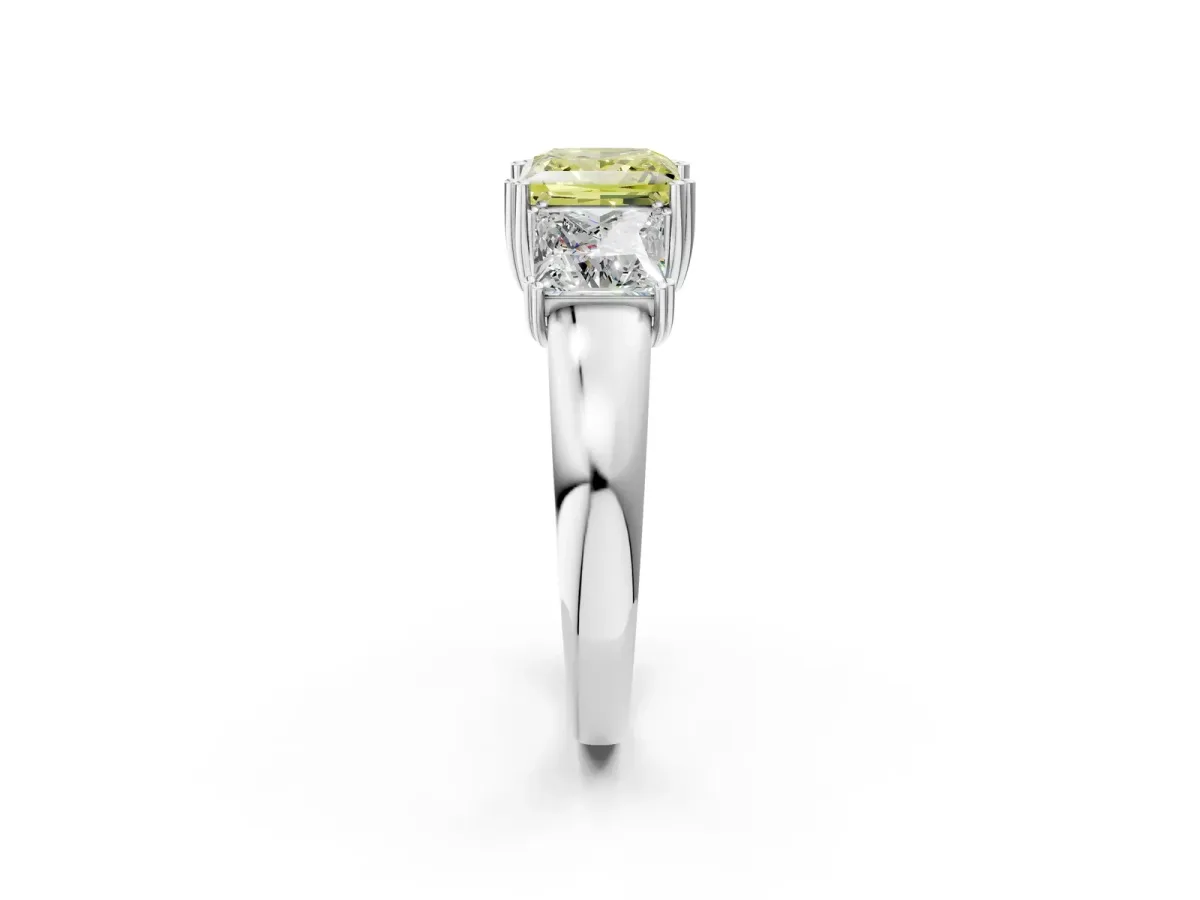 Fancy Yellow Three-Stone Princess Cut Cut Diamond Ring with Channel Set Band and Four-Prong Setting Silver