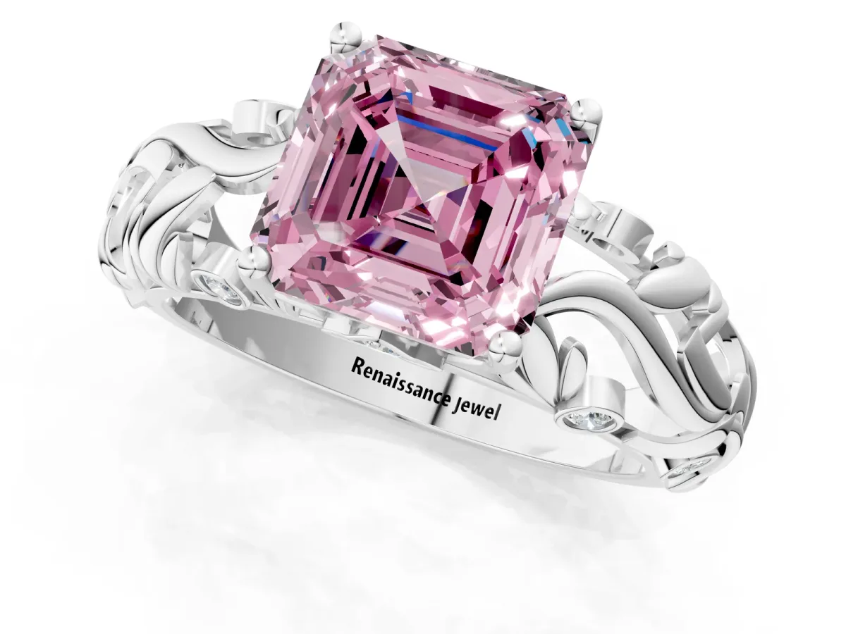 Fancy Pink Asscher Cut Solitaire Diamond Leaf-Inspired Vine Band Ring with Prong Setting Platinum