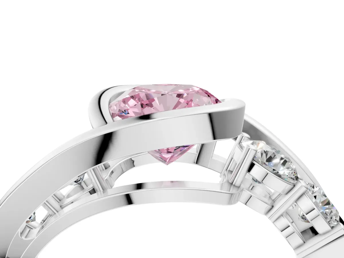 Fancy Pink Bezel Set Cushion Cut Diamond Bypass Ring with Round Accents Silver