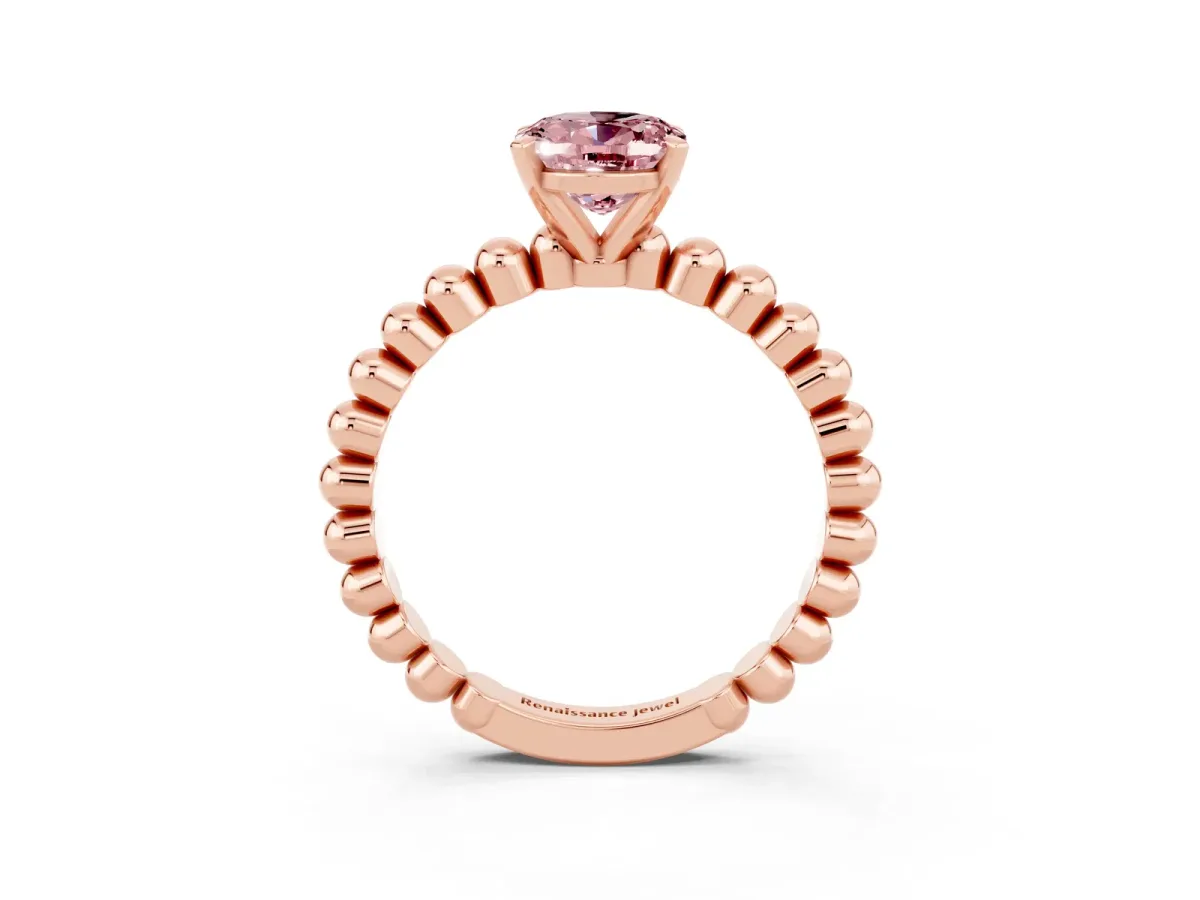 Oval Cut Morganite Solitaire Ring with Beaded Band and Prong Setting Rose gold