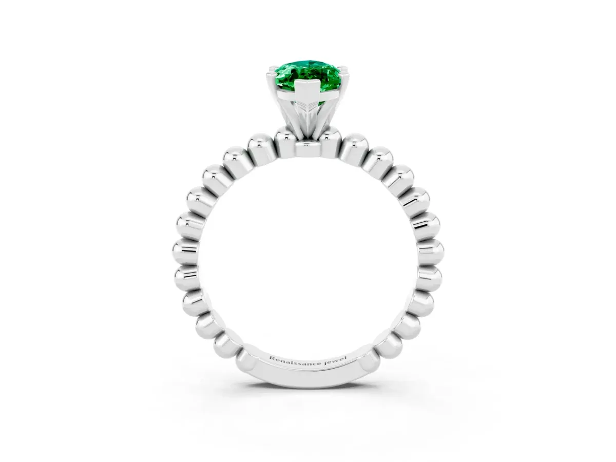 Marquise Cut Emerald Solitaire Ring with Beaded Band and Prong Setting Silver