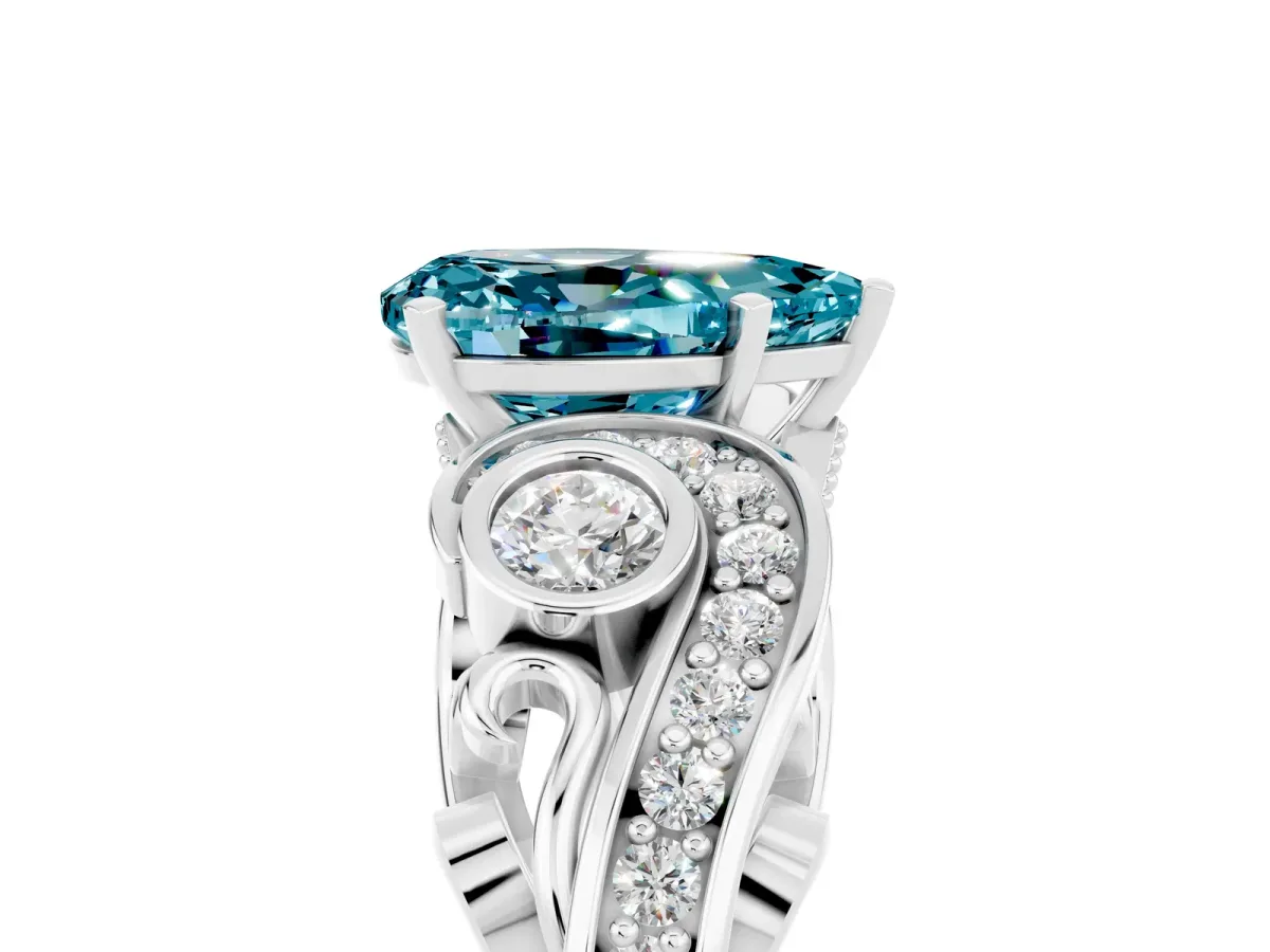 Pear Cut Blue Topaz Solitaire Ring with Milgrain Pavé Band and Four-Prong Setting Silver