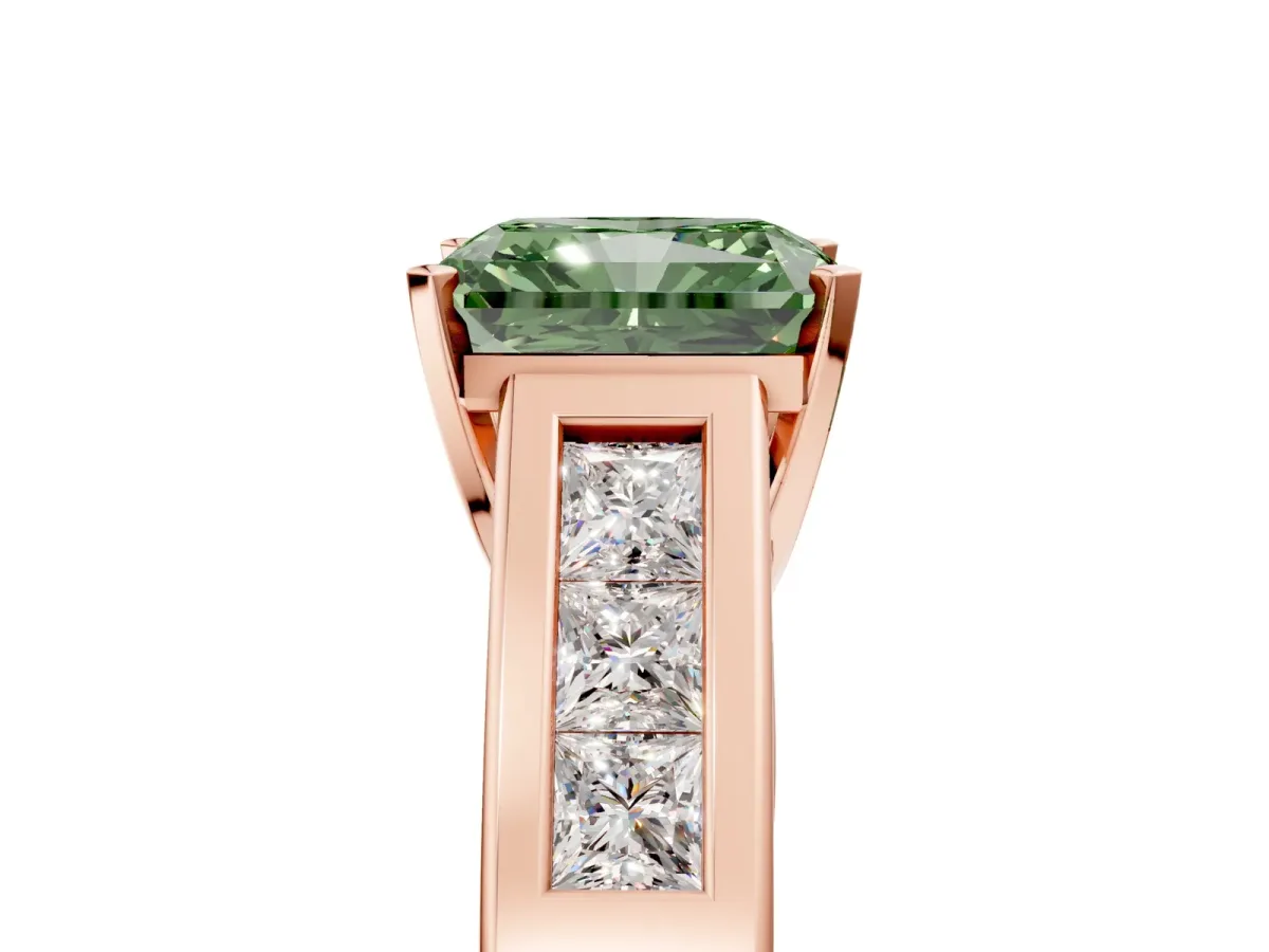 Fancy Green Radiant Cut Cut Channel Set Solitaire Ring with Four-Prong Setting Rose gold
