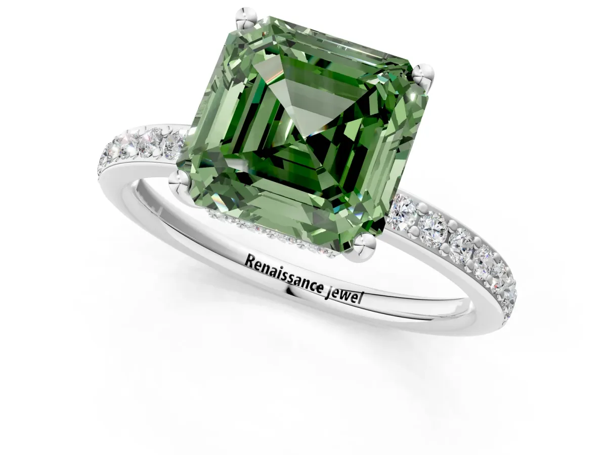 Fancy Green Asscher Cut Cut Diamond Pavé Band Ring with Four-Prong Setting Platinum