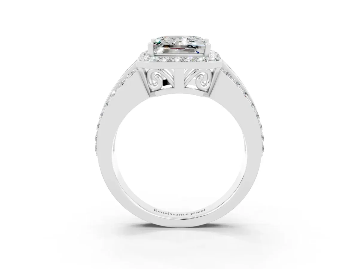 Princess Cut Halo Moissanite Ring with Round Split Shank and Prong Setting Platinum