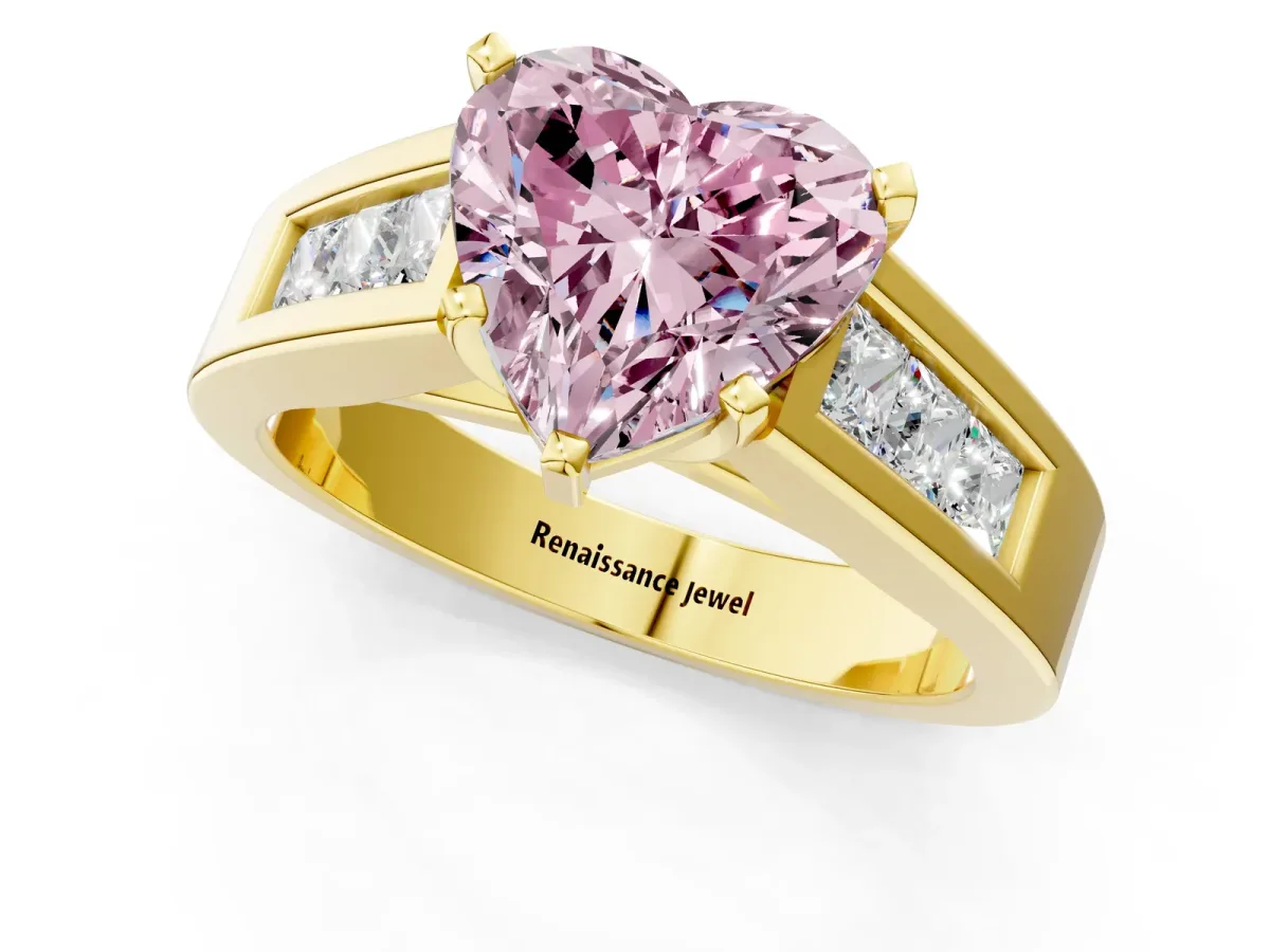 Fancy Pink Heart Cut Cut Channel Set Solitaire Ring with Four-Prong Setting Yellow gold