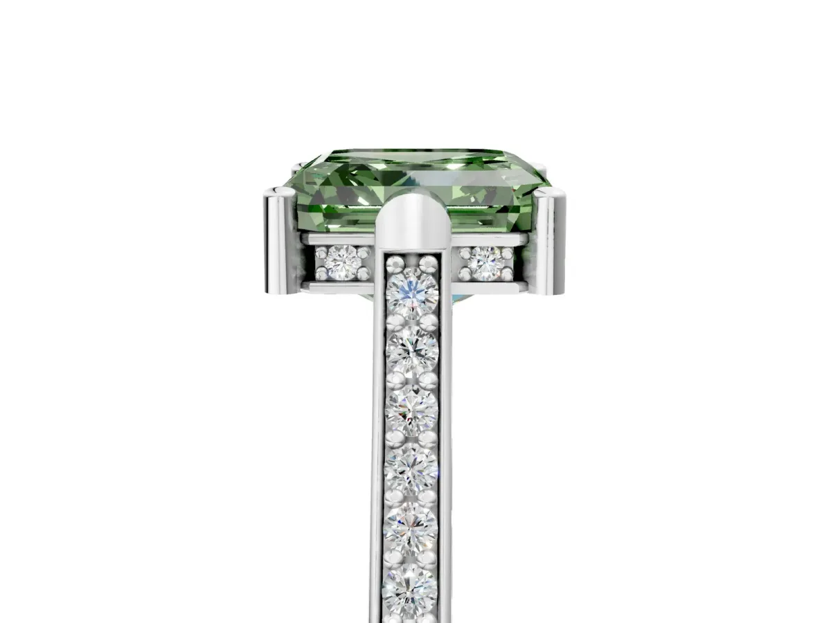 Fancy Green Asscher Cut Solitaire Diamond Ring with Channel Set Band and Bezel Prong Setting Platinum