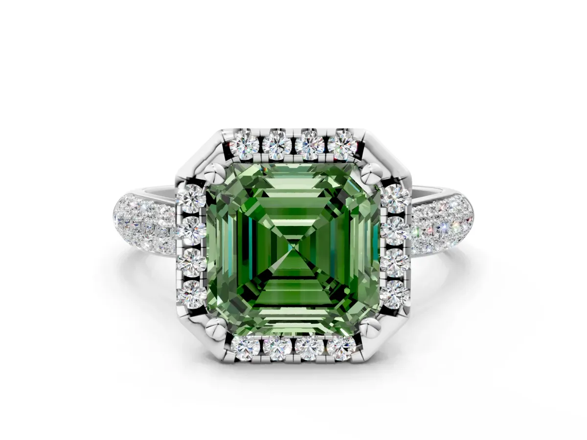 Fancy Green Asscher Cut Cut Halo Pave Band Four-Prong Setting Ring Platinum