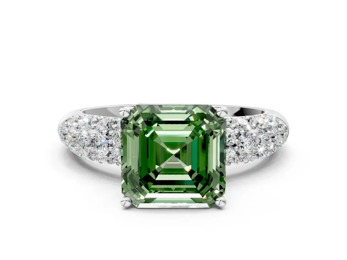 Fancy Green Asscher Cut Diamond Pavé Band Solitaire Ring with Four-Prong Setting Platinum