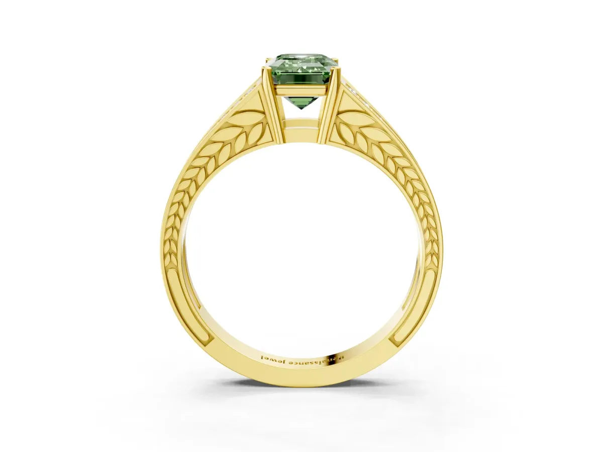 Fancy Green Emerald Cut Diamond Split Shank Ring with Pavé Band and Four-Prong Setting Yellow gold