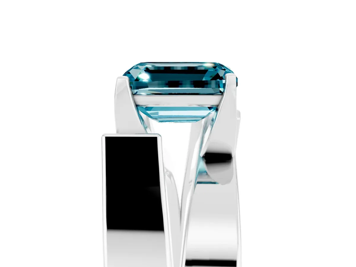 Modern Tension Set Emerald Cut Blue Topaz Solitaire Wide Band Ring Silver