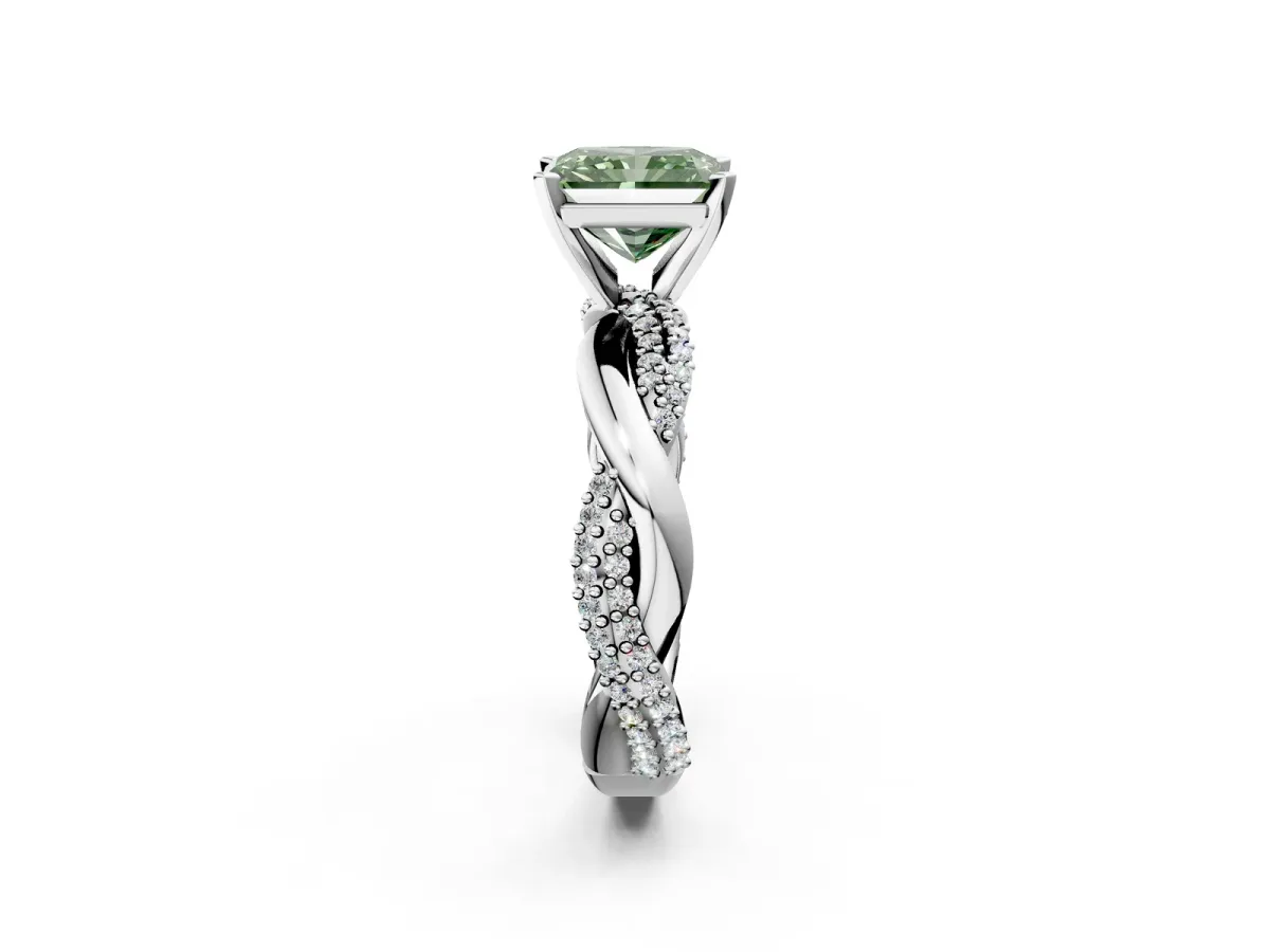 Fancy Green Radiant Cut Solitaire Twist Band with Pave Prong Setting Platinum