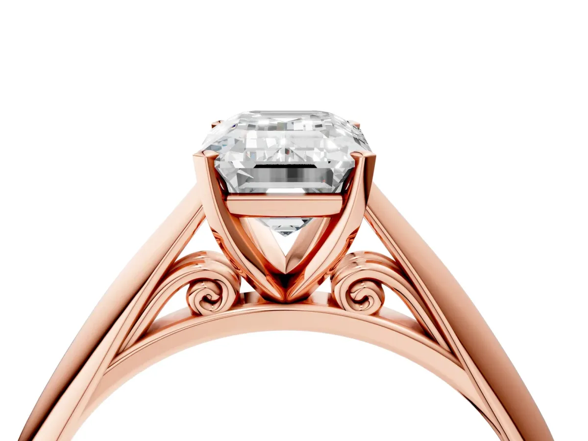 Emerald Cut Diamond Solitaire Engagement Ring with Cathedral Setting and Four-Prong Mount Rose gold