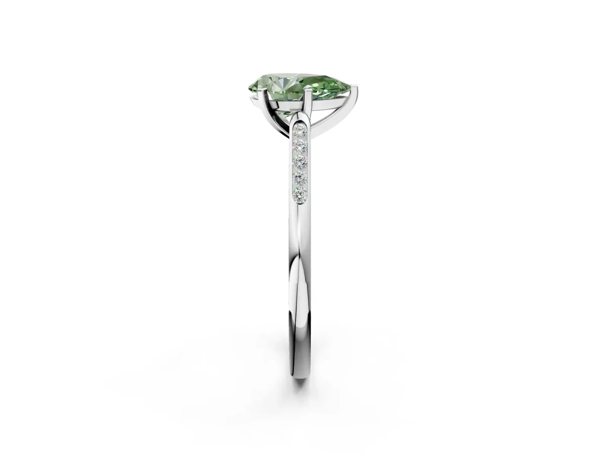 Fancy Green Pear Cut Diamond Solitaire Ring with Channel Set Round Band and Prong Setting Silver