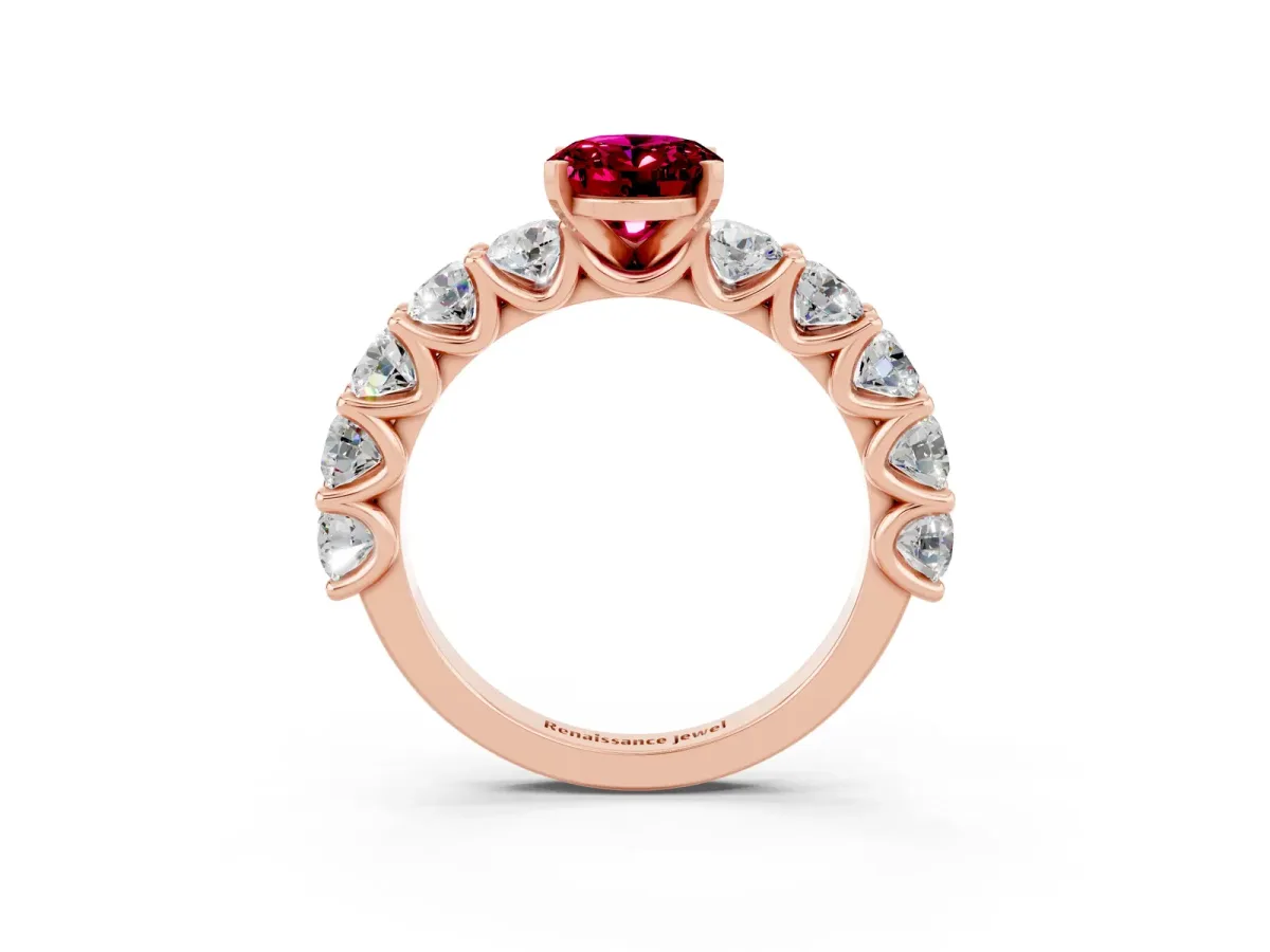 Oval Cut Garnet Prong Setting with Side Stones on a Pave Band Rose gold