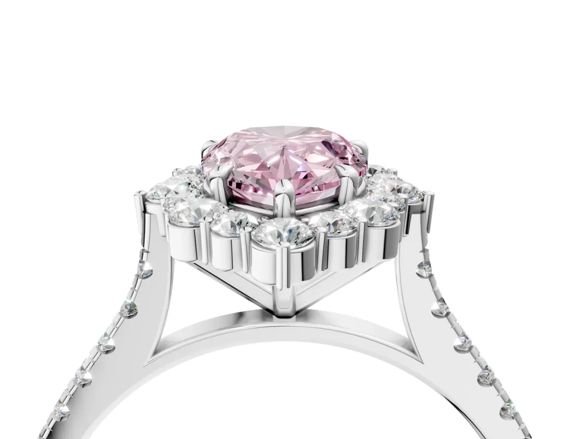 Fancy Pink Pear Cut Halo Diamond Ring with Pavé Band and Prong Setting Silver