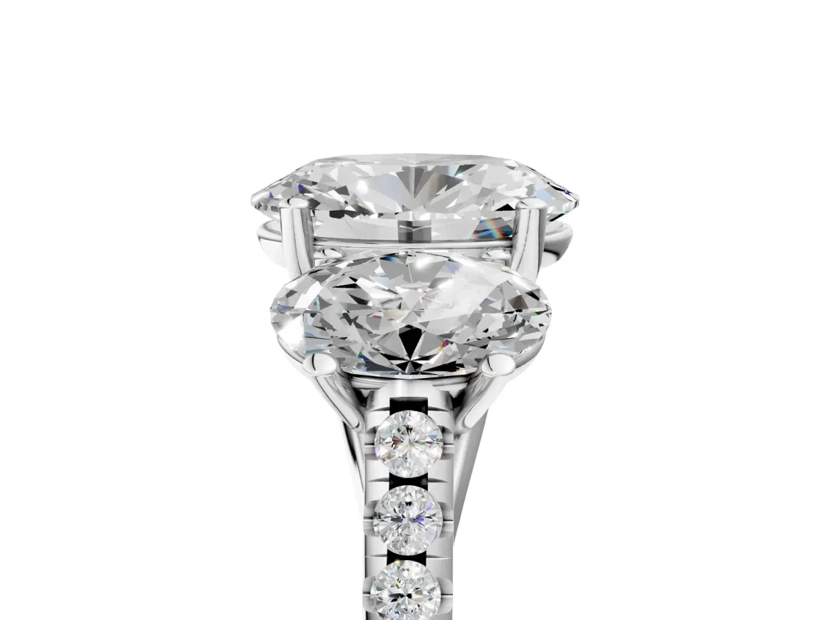 Three-Stone Oval Cut Diamond Ring with Round Moissanite Pavé Band and Prong Setting Silver