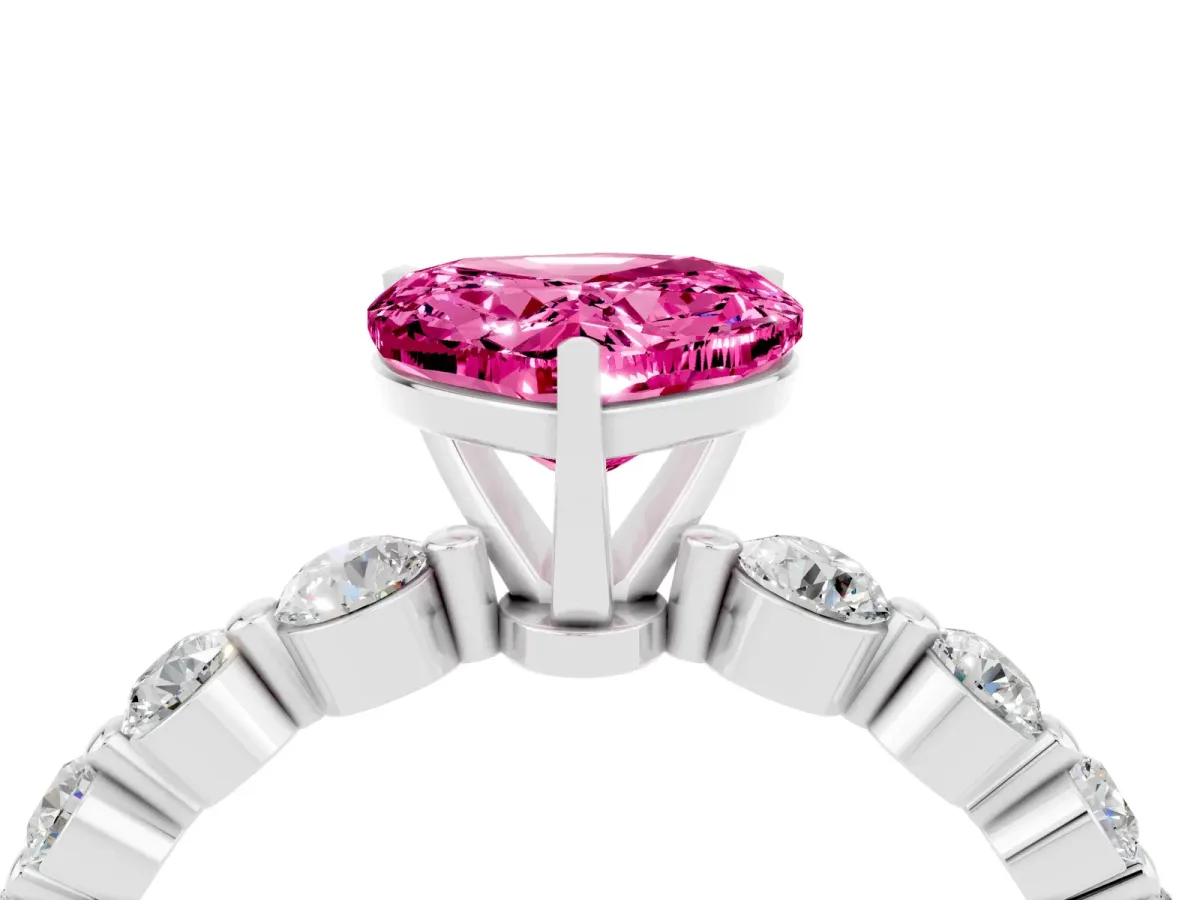 Heart Cut Solitaire Pink Sapphire Ring with Pave Band and Four-Prong Setting Silver