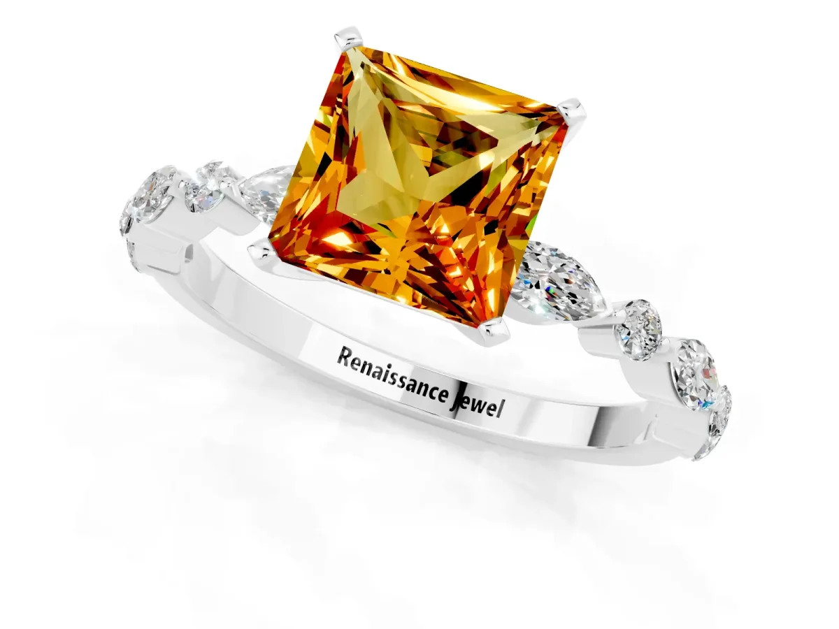 Princess Cut Citrine Ring with Marquise and Round Side Stones and Four-Prong Setting Silver